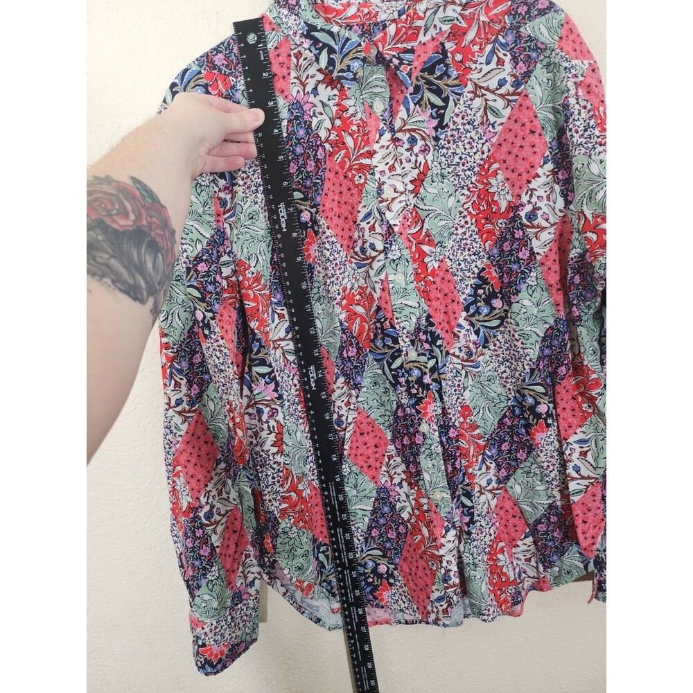 LOFT Womens Shirt Large L Red Pink Patchwork Floral Button Up Long Sleeve - Picture 4 of 7